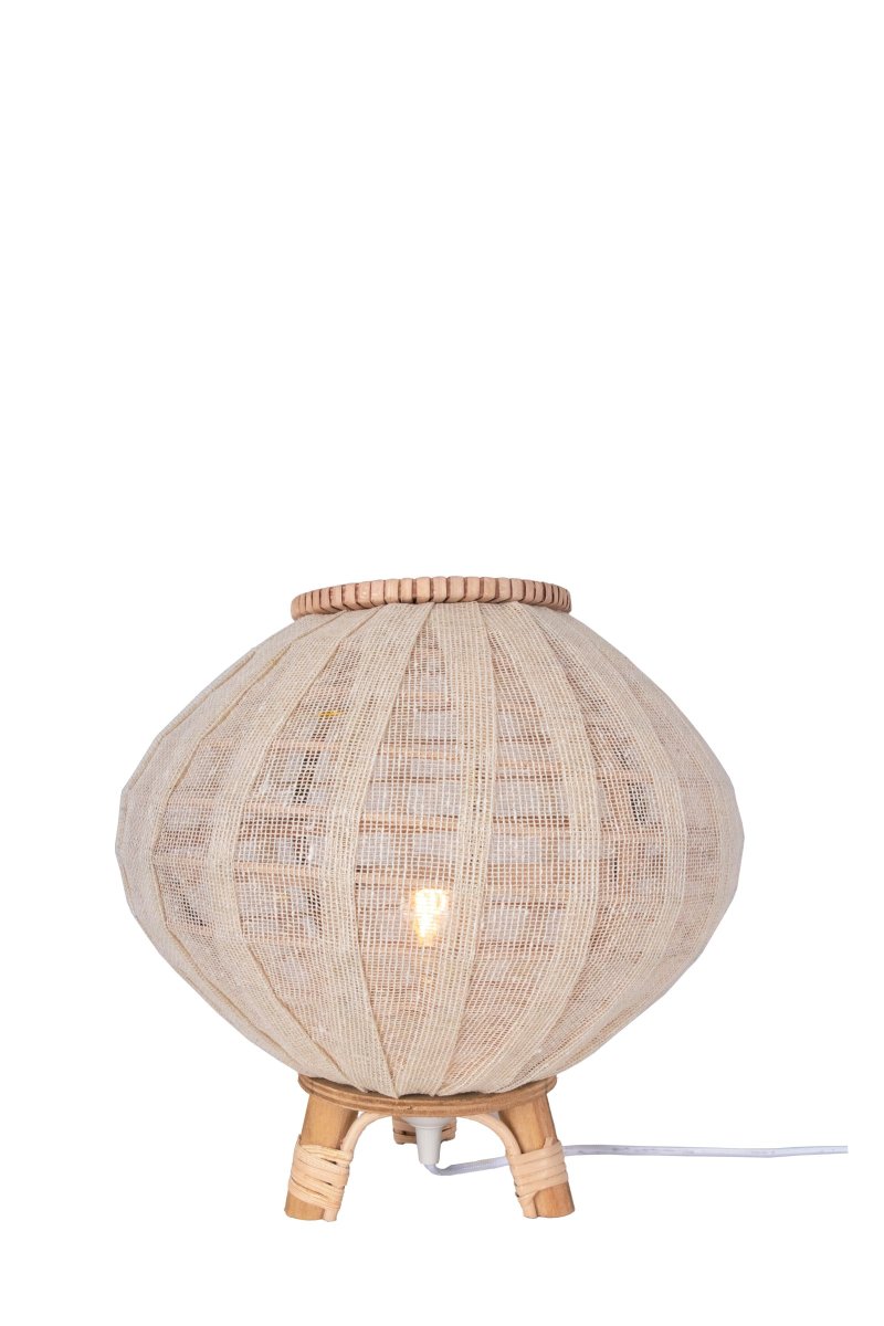 Borneo 37cm Natur bordlampe Fra Globen Lighting - Lampen er laget av naturfarget rotting og off-white linstoff og den har en 200 cm lang hvit tekstilkabel med bryter og støpsel.