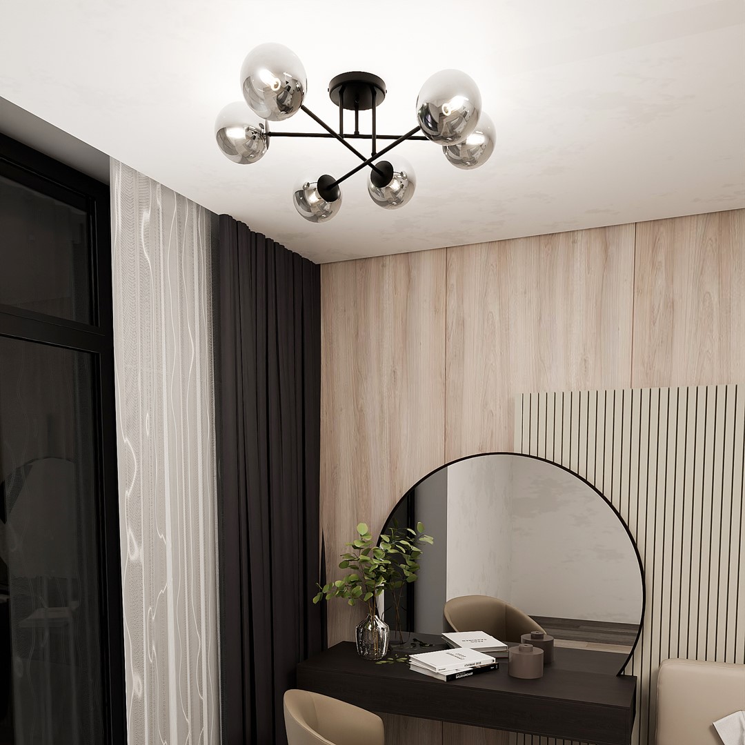 Roma Ø75 Røykfarget plafond Fra Emibig Lighting - Den svarte metallrammen er kombinert med skjermer i røykfarget glass som sprer et mykt og behagelig lys.