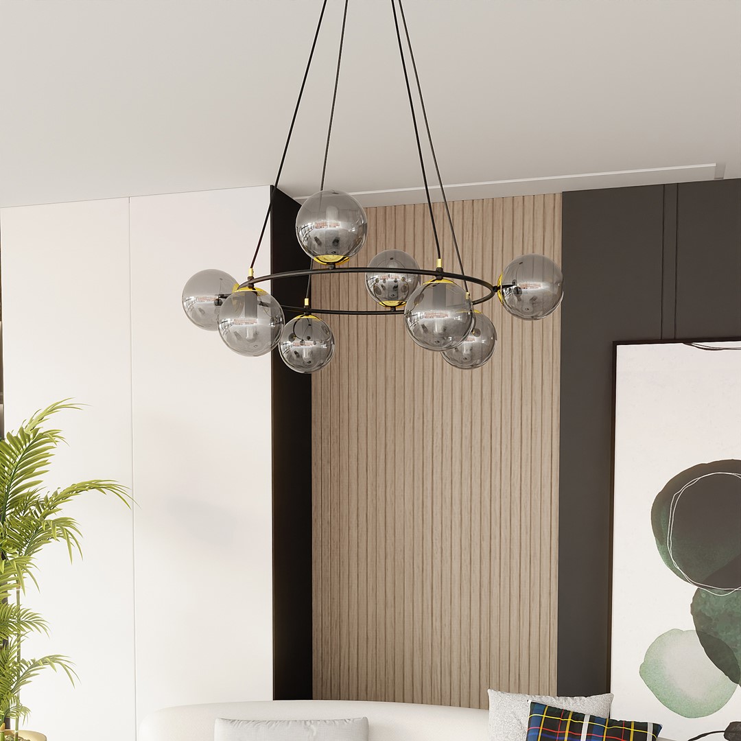 Azura Ø75 Røykfarget Taklampe Fra Emibig Lighting - Laget av svart st&aring;l og supplert med r&oslash;kt glass, skaper den et harmonisk og stilig inntrykk.