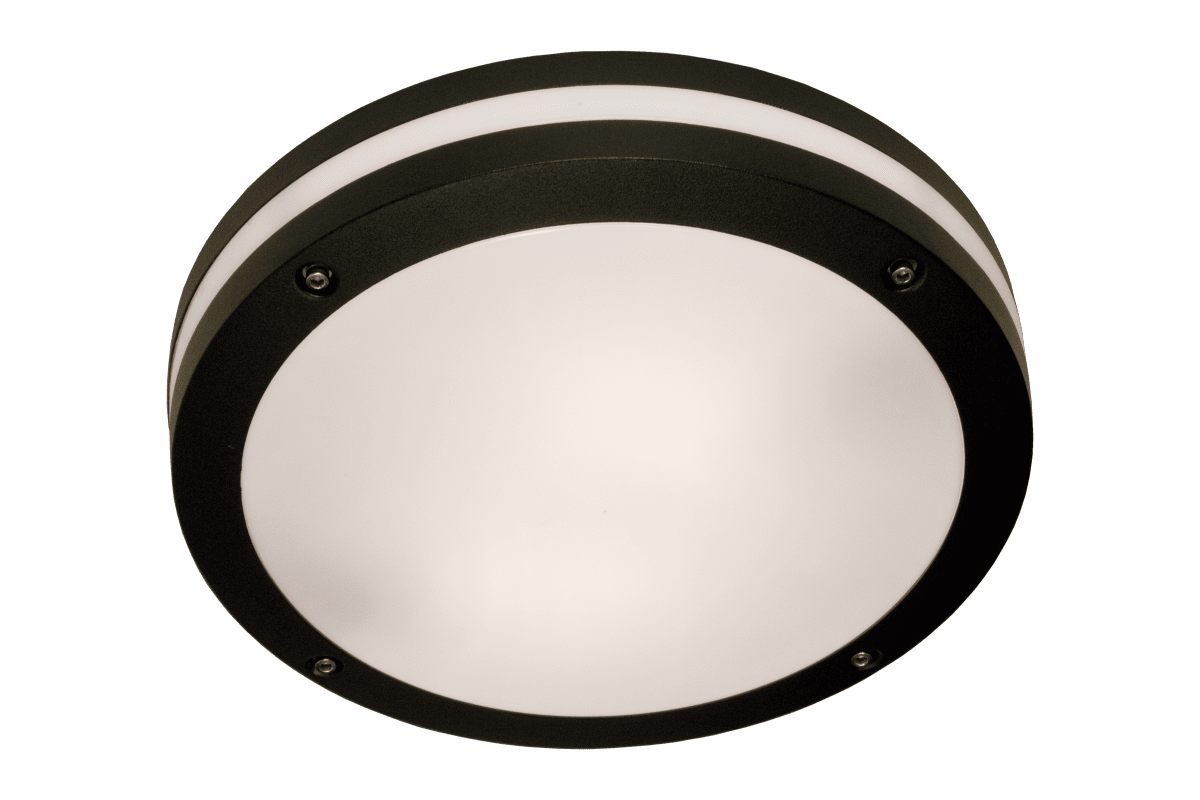 Resmo Svart Fra Aneta Lighting - Resmo utelampe i fargen sort med opalhvit kuppel som gir et fint blendfritt lys og kan plasseres i taket eller på veggen.