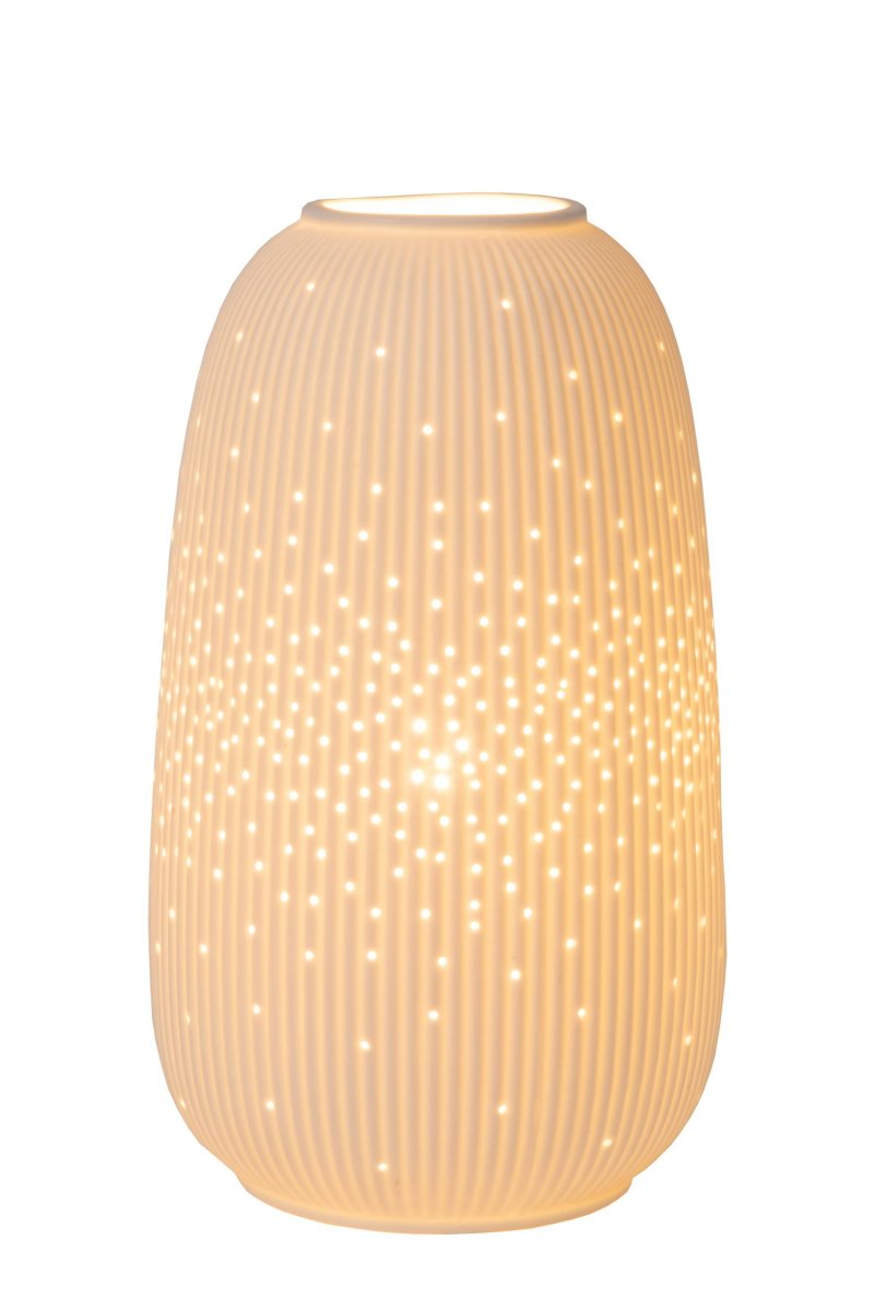 Flores 24cm Hvit bordlampe Fra Lucide - Sl&aring; enkel p&aring; Flores med strømbryteren på ledningen, og det vil nesten se ut som lampen tar av; ha en fargerik kjole.