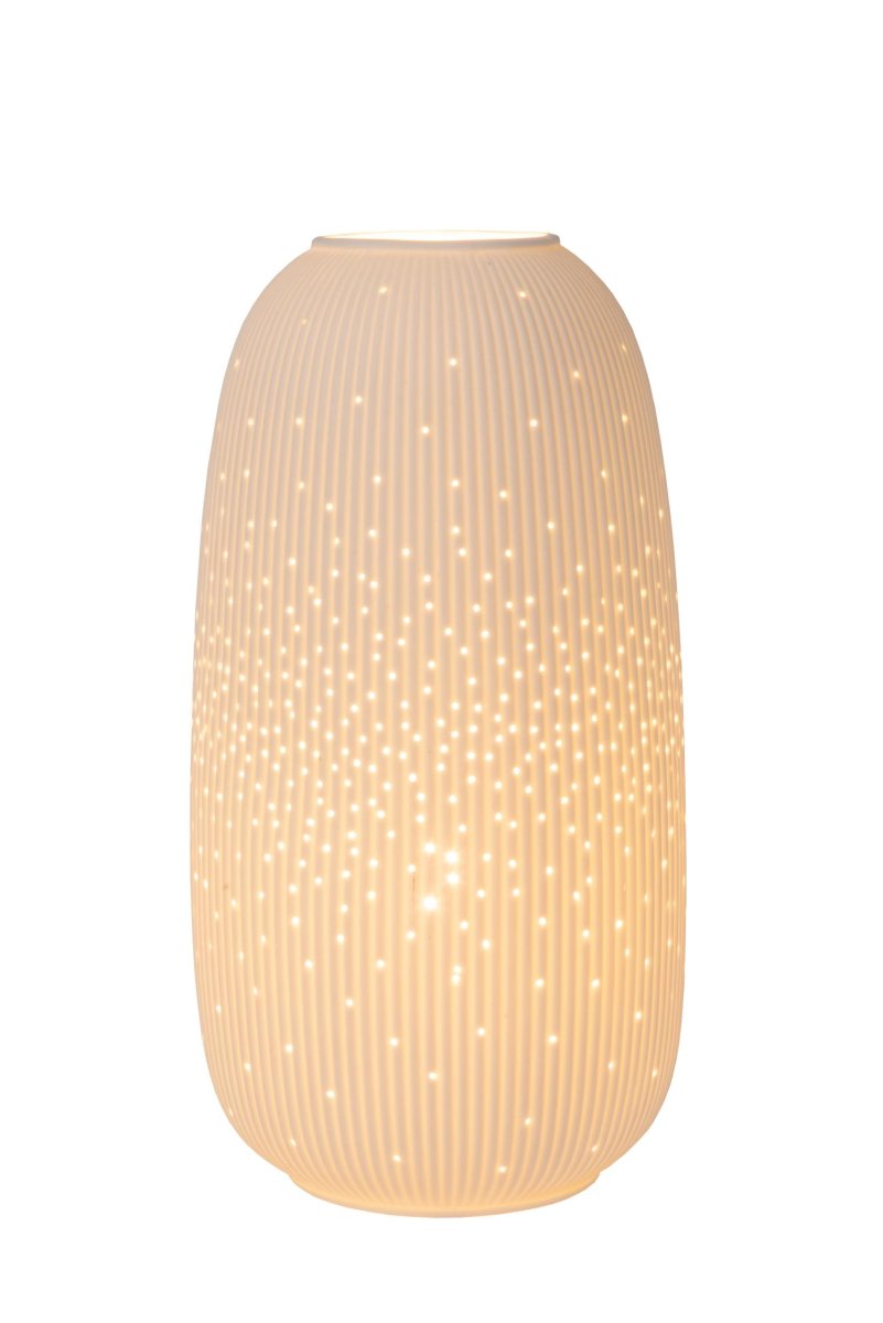 Flores 33cm Hvit bordlampe Fra Lucide - Sl&aring; enkel p&aring; Flores med strømbryteren på ledningen, og det vil nesten se ut som lampen tar av; ha en fargerik kjole.