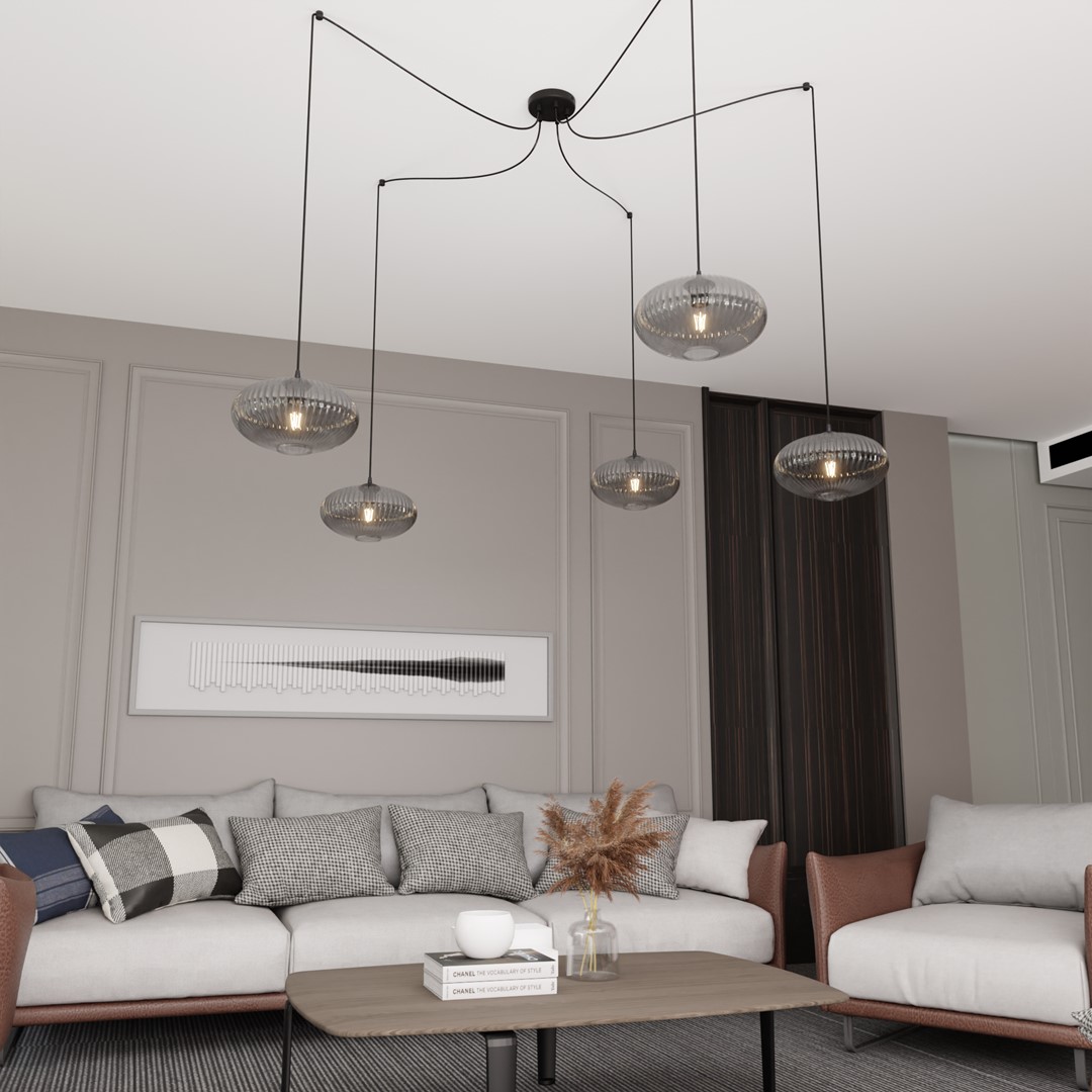 Origo 5xØ30 Røykfarget Taklampe Fra Emibig Lighting - Origo passer perfekt i milj&oslash;er som stuer eller restauranter og er en ideell kombinasjon av estetikk og kvalitet.