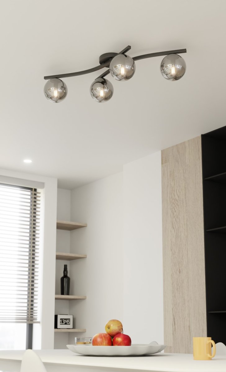 Opus 84cm Røykfarget plafond Fra Emibig Lighting - Den enkle formen og de r&oslash;kte glasskuplene gir rommet en mykhet og letthet, mens lampen sprer et behagelig, diffust lys.