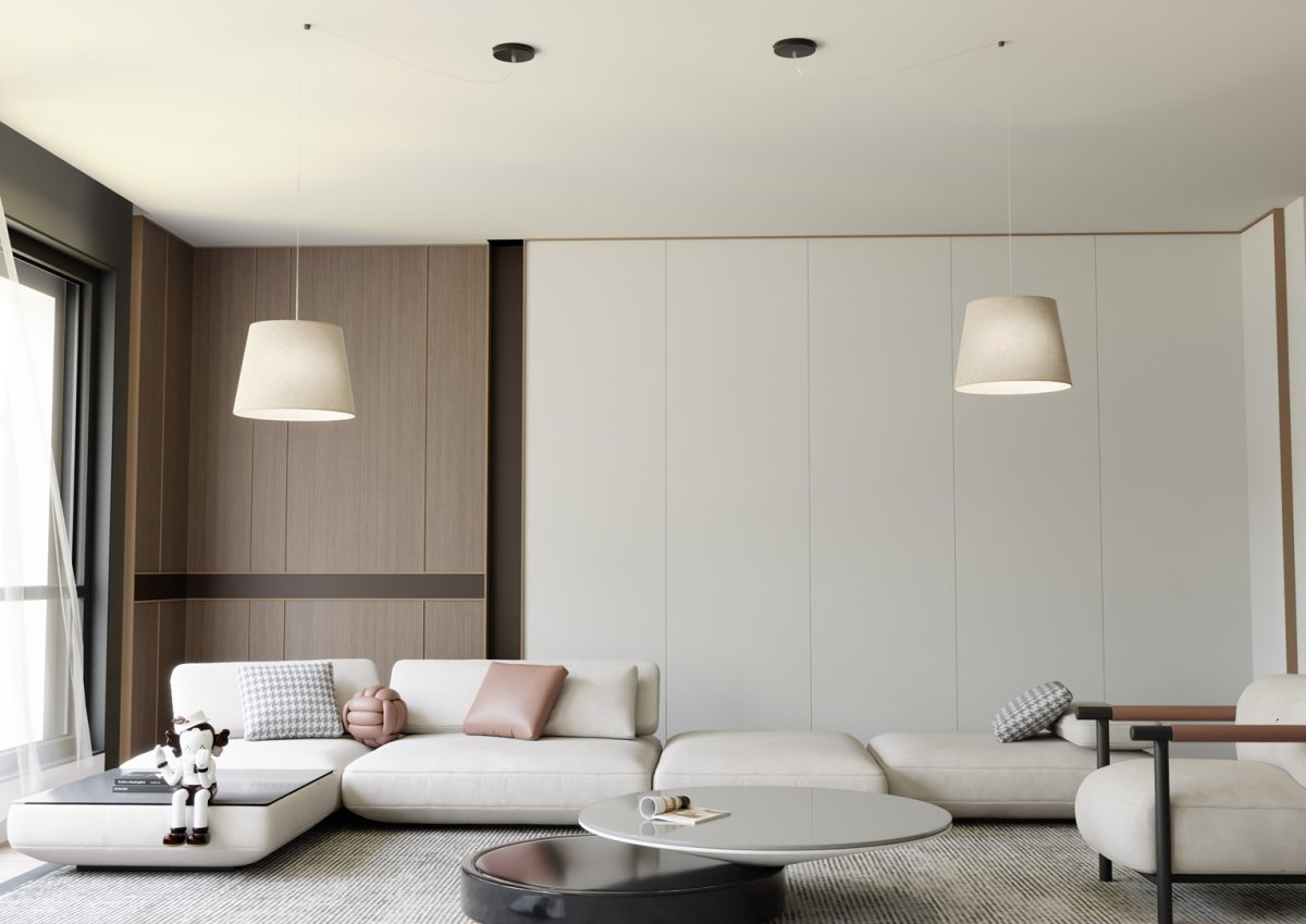 Ascot Ø38 Beige Taklampe Fra Emibig Lighting - Den tekstilkledde skyggen i en myk, dempet farge sprer et behagelig og diffust lys som skaper en varm atmosf&aelig;re i rommet.