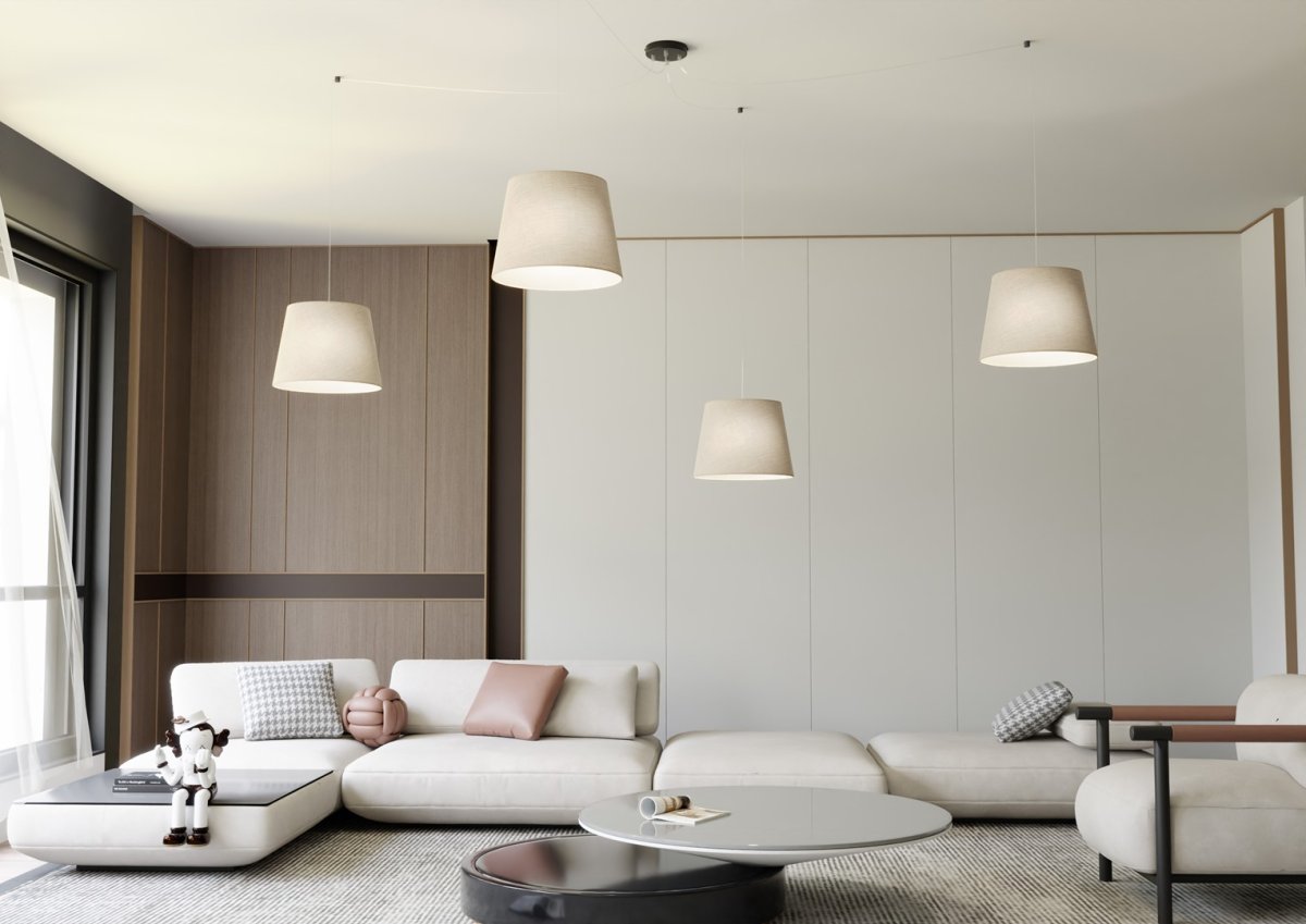 Ascot 4xØ38 Beige Taklampe Fra Emibig Lighting - De tekstilkledde nyansene i en myk, dempet farge sprer et behagelig og diffust lys som skaper en varm atmosf&aelig;re i rommet.