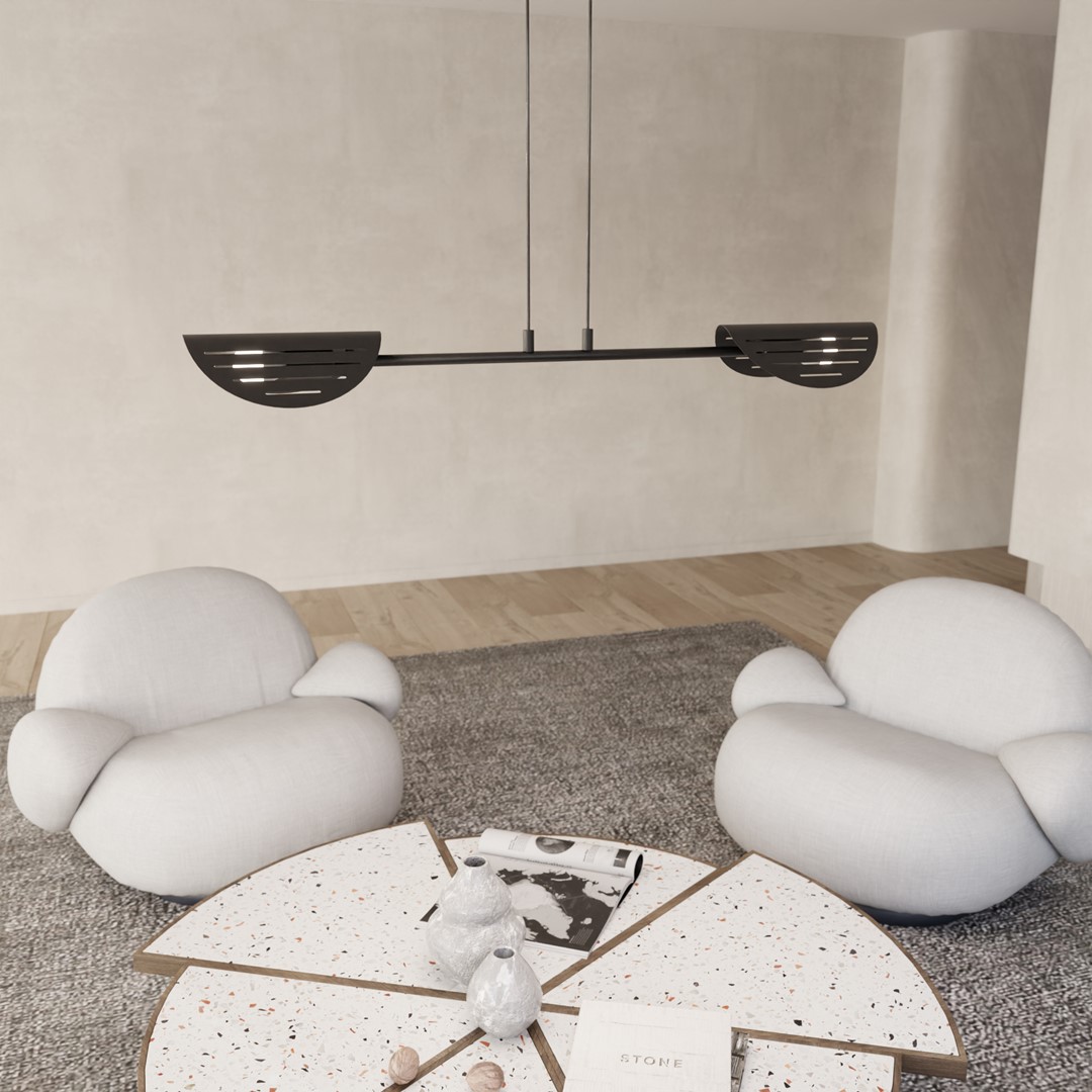 Saber 104cm Svart Taklampe Fra Emibig Lighting - Perfekt for stuer, spisestuer eller kontormilj&oslash;er &ndash; Sabre sprer et mykt lys som skaper en spesiell atmosf&aelig;re og fremhever stilen i rommet.