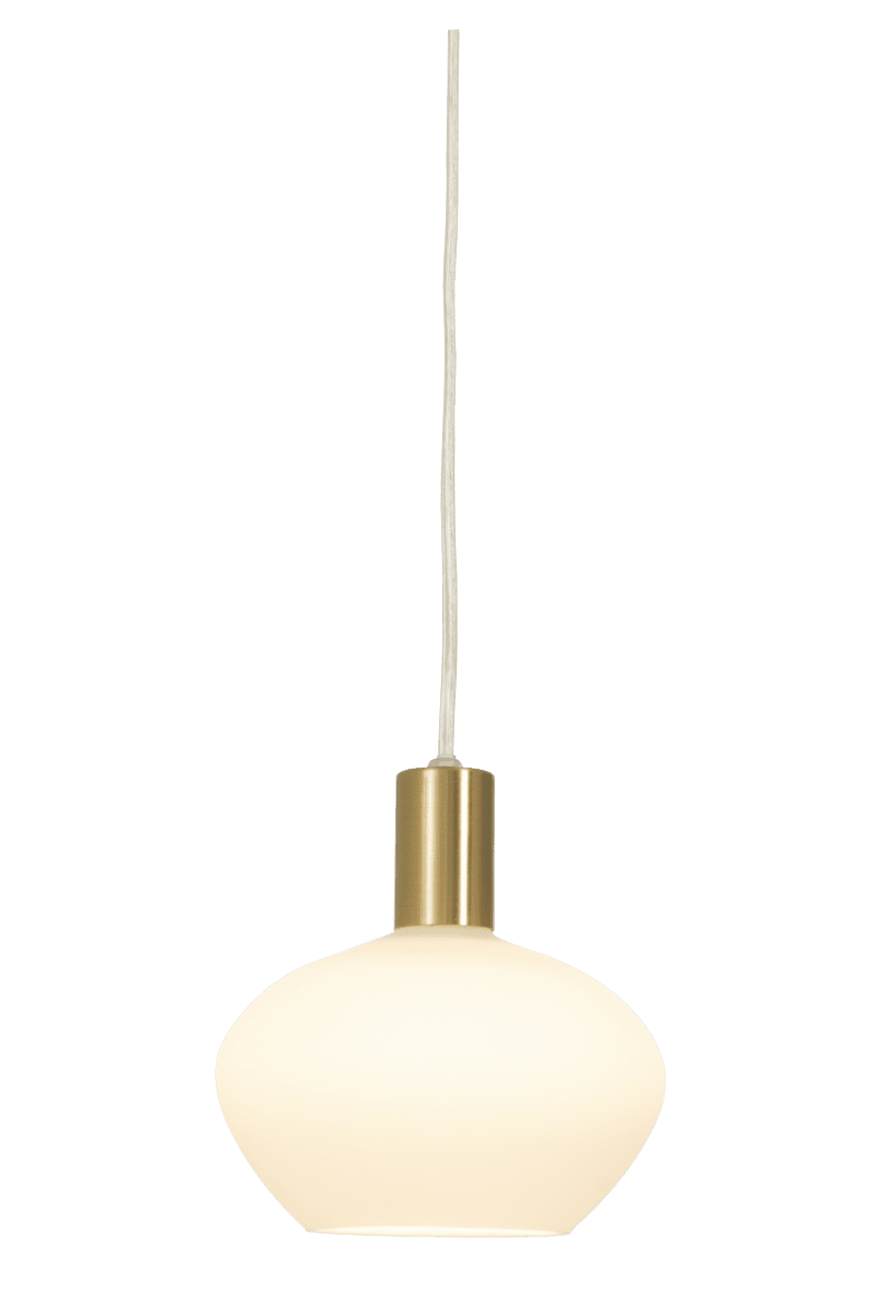 Bell Ø15 Hvit vinduslampe Fra Aneta Lighting - Laget av metall i matt messingfinish med en rund opalglassskjerm som gir et mykt og behagelig lys.