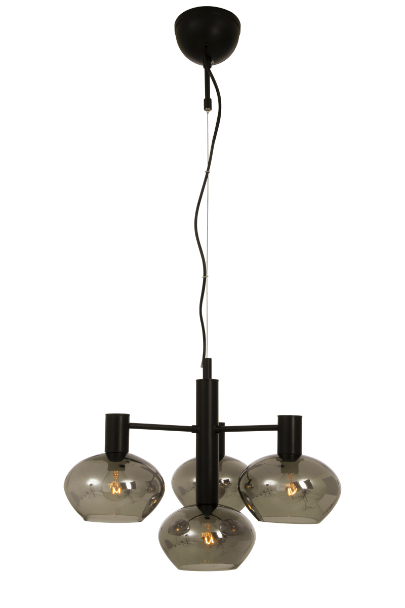Bell Ø47 Røykfarget Taklampe Fra Aneta Lighting - Med sine tre skjermer i røkt glass og oppheng i sort skapes en luksuriøs og sofistikert atmosfære.