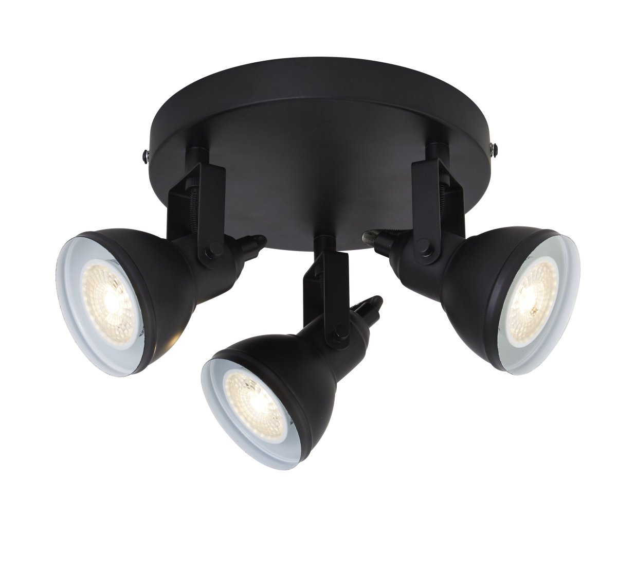 Focus 3 Matt svart spotlight Fra Searchlight - Fokuser spotlight med tre lyskilder f&oslash;rst p&aring;; en rund, svart metallplate og er perfekt for mindre rom som soverom eller hjemmekontorer.