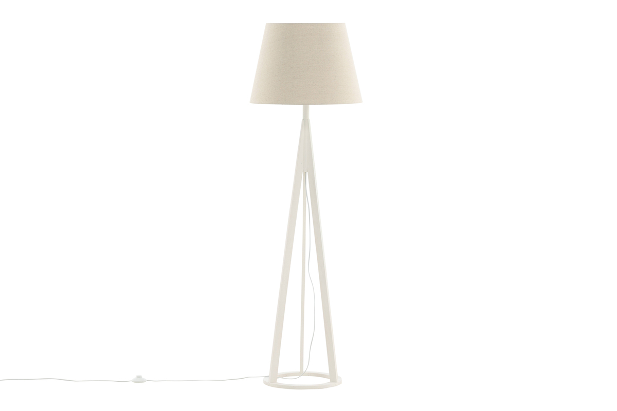 Kona Hvit gulvlampe Fra Venture Design - Kona er en stilig gulvlampe i tre med hvite ben og en beige linskjerm.
