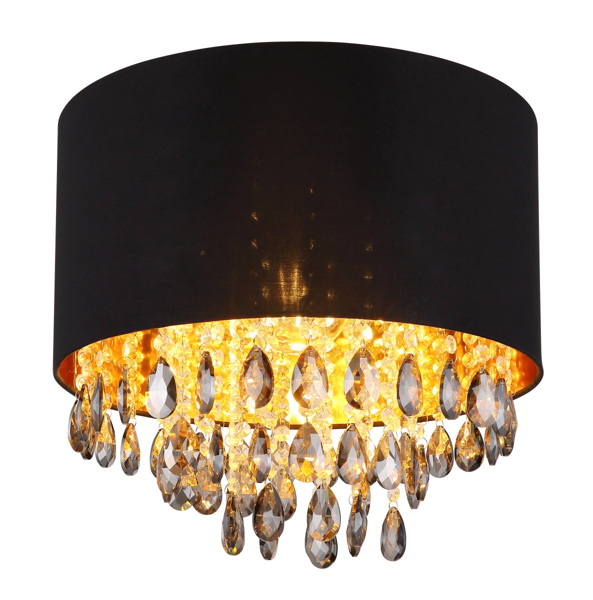 Coletta Ø40 Svart plafond Fra Globo Lighting - Textilsk&auml;rmen med en guldig insida ger ett behagligt sken och i kombination med prismorna som omfamnar ljusk&auml;llan skapas ett vackert ljusspel i rummet n&auml;r lampan &auml;r t&auml;nd.