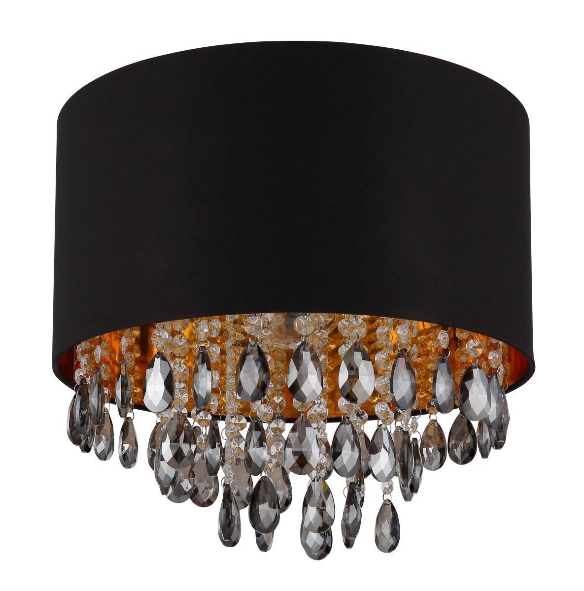 Coletta Ø40 Svart plafond Fra Globo Lighting - Textilsk&auml;rmen med en guldig insida ger ett behagligt sken och i kombination med prismorna som omfamnar ljusk&auml;llan skapas ett vackert ljusspel i rummet n&auml;r lampan &auml;r t&auml;nd.