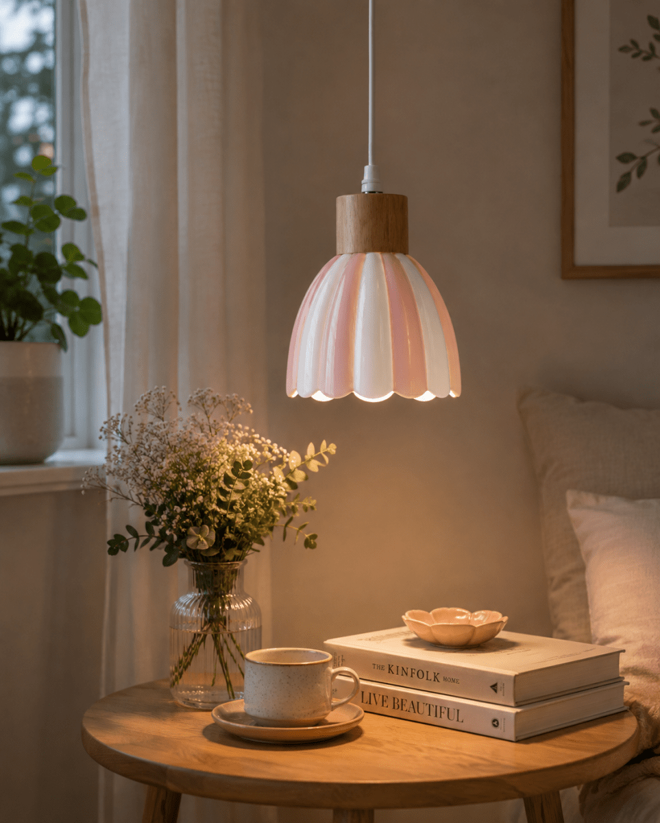 Poppy Ø15 Rosa/hvit vinduslampe Fra Pixie Design - Den stripete skjermen i rosa og hvitt gir lampen et varmt og harmonisk uttrykk som passer fint inn i mange forskjellige interi&oslash;rstiler.