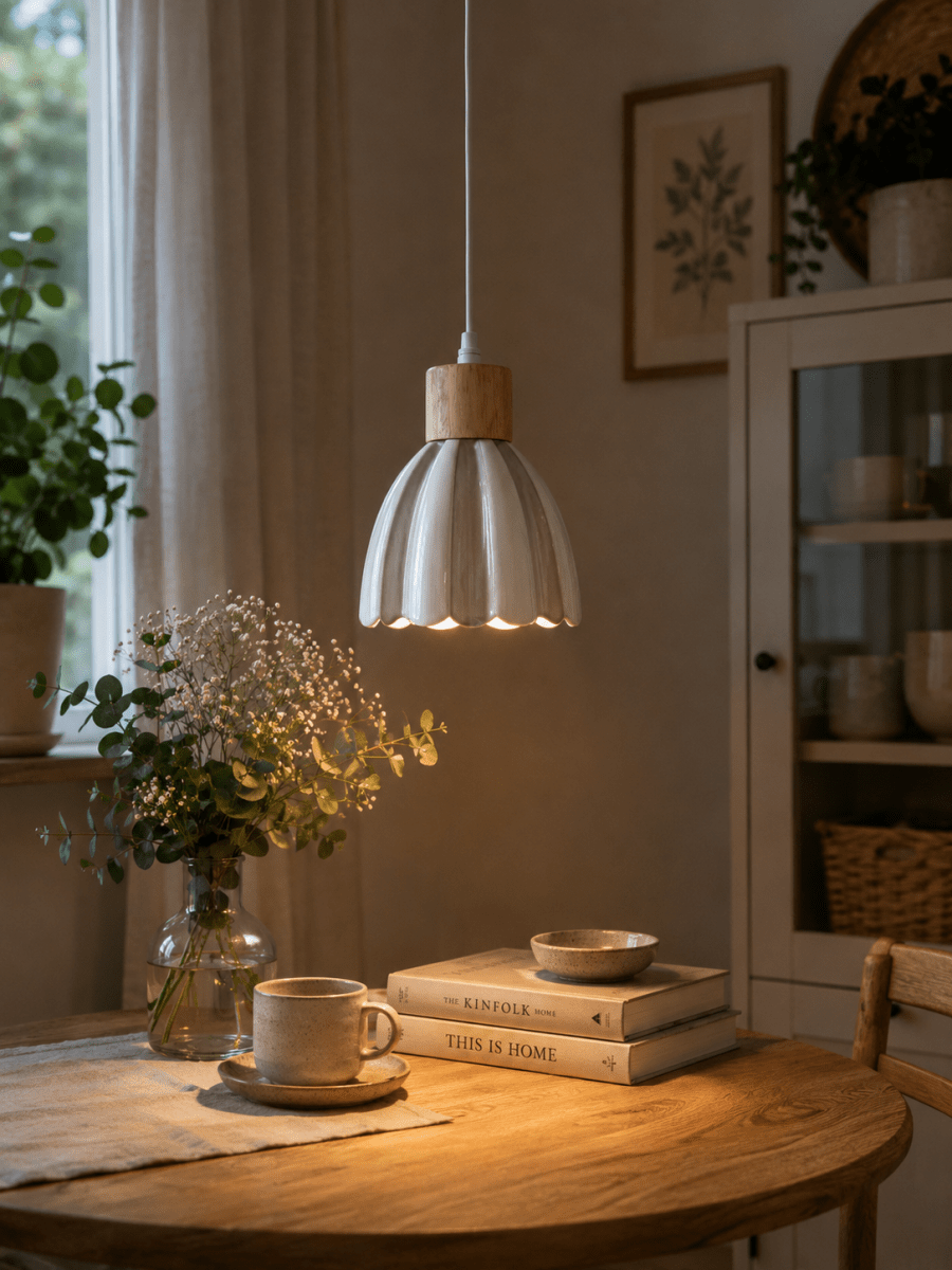 Poppy Ø15 Hvit/beige vinduslampe Fra Pixie Design - Den stripete skjermen i beige og hvitt gir lampen et varmt og harmonisk uttrykk som passer fint inn i mange forskjellige interi&oslash;rstiler.