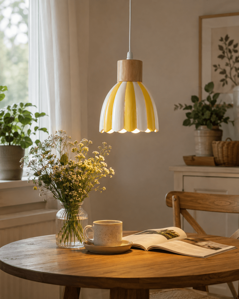 Poppy Ø15 Gul/hvit vinduslampe Fra Pixie Design - Den stripete skjermen i gult og hvitt gir lampen et varmt og harmonisk uttrykk som passer fint inn i mange forskjellige interi&oslash;rstiler.
