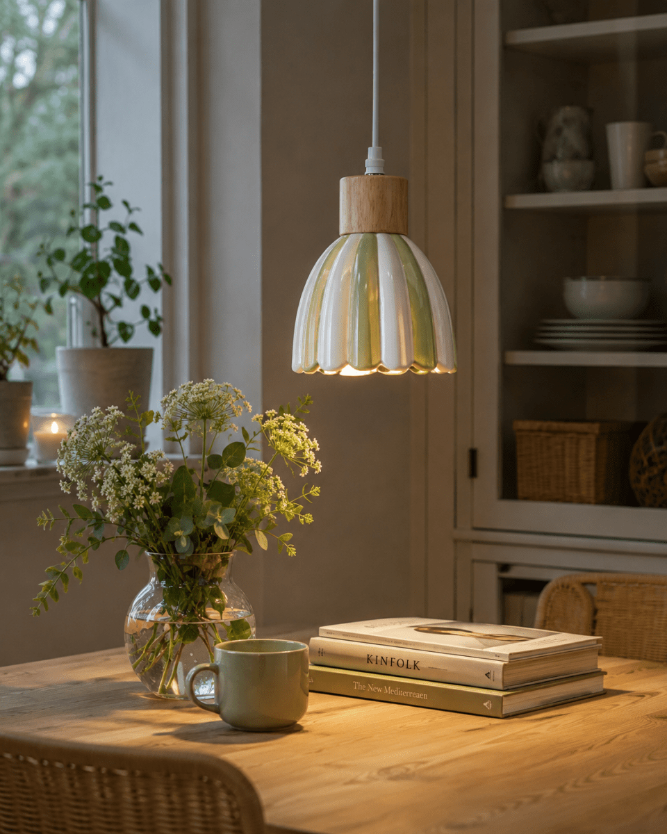 Poppy Ø15 Grønn/hvit vinduslampe Fra Pixie Design - Den stripete skjermen i gr&oslash;nt og hvitt gir lampen et varmt og harmonisk uttrykk som passer fint inn i mange forskjellige interi&oslash;rstiler.