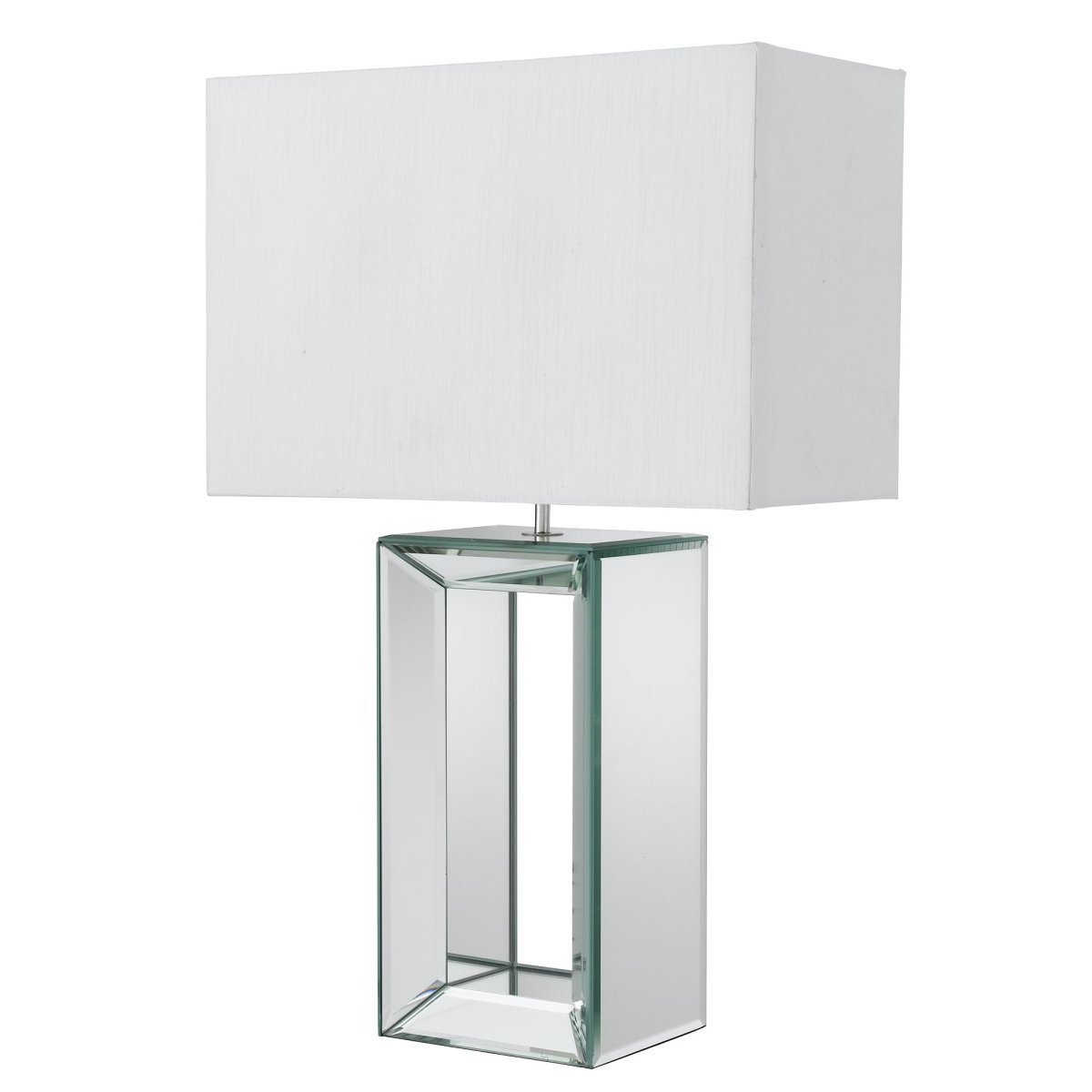 Mirror 58cm Hvit bordlampe Fra Searchlight - Denne høye bordlampen har en slående solid speilbase og er kombinert med en rektangulær hvit skjerm i falsk silke.