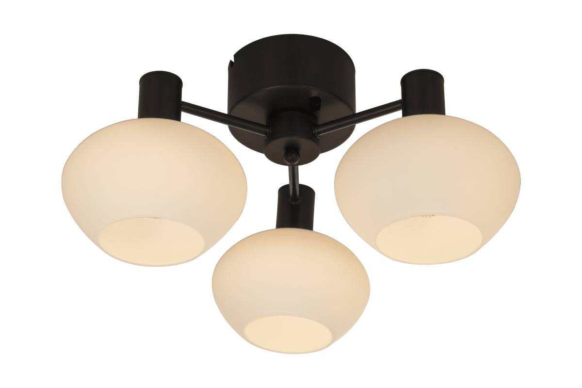 Bell Ø42 Svart plafond Fra Aneta Lighting - Tak i sortlakkert metall med 3 opalhvite glass p&aring;&aring; faste armer.