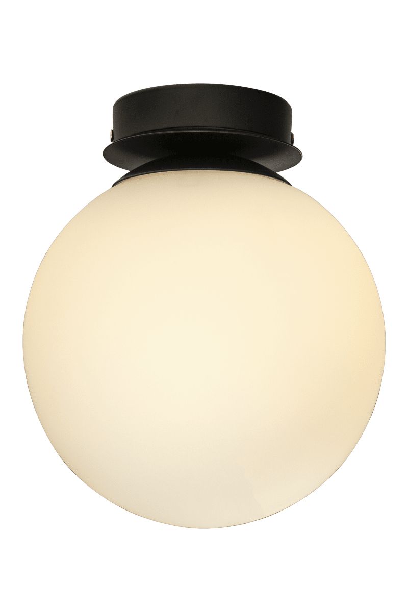 Lido Ø20 Svart baderomslampe Fra Aneta Lighting - Den mattsvarte metallrammen er kombinert med en rund opalglassskjerm som sprer et mykt og behagelig lys.