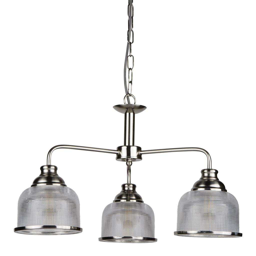 Bistro Ø56 Sølv Taklampe Fra Searchlight - De tre skjermene i frostet, riflet glass i holofanstil gir en jevn og behagelig lysspredning samtidig som de skaper et levende lysspill.