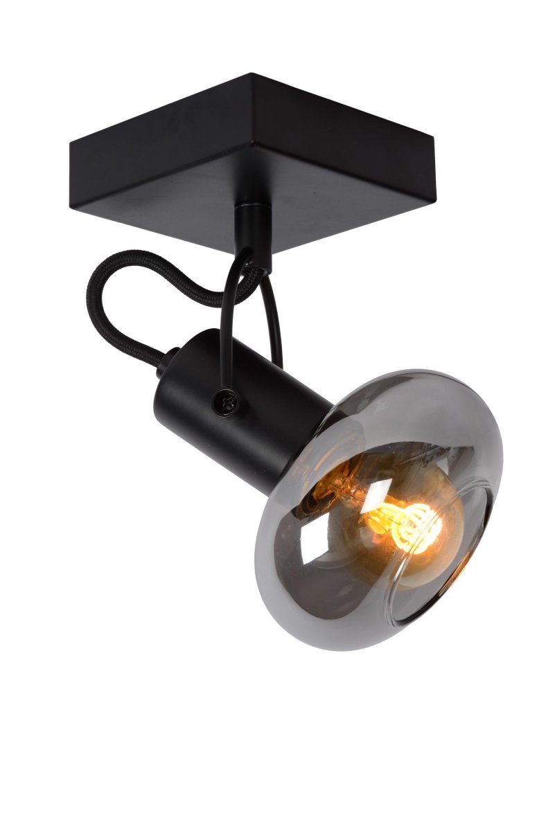 Madee Svart spotlight Fra Lucide - Klasse og eleganse er kombinert i et unikt design med en metallsokkel og en glasslampeskjerm.