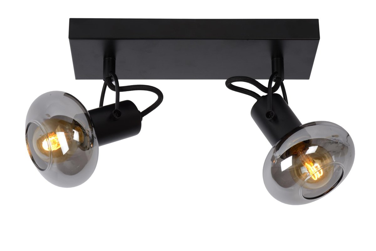 Madee 2 Svart spotlight Fra Lucide - Två materialer møtes i denne taklampen, kalt Madee: en robust metallbase er kombinert med en elegant glassskjerm.
