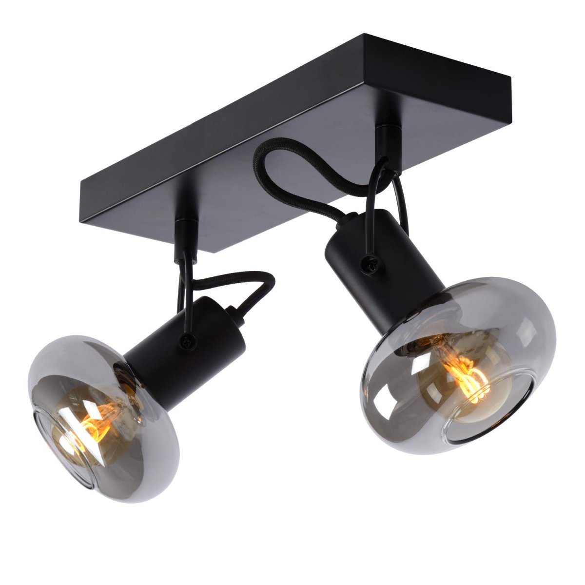 Madee 2 Svart spotlight Fra Lucide - Två materialer møtes i denne taklampen, kalt Madee: en robust metallbase er kombinert med en elegant glassskjerm.