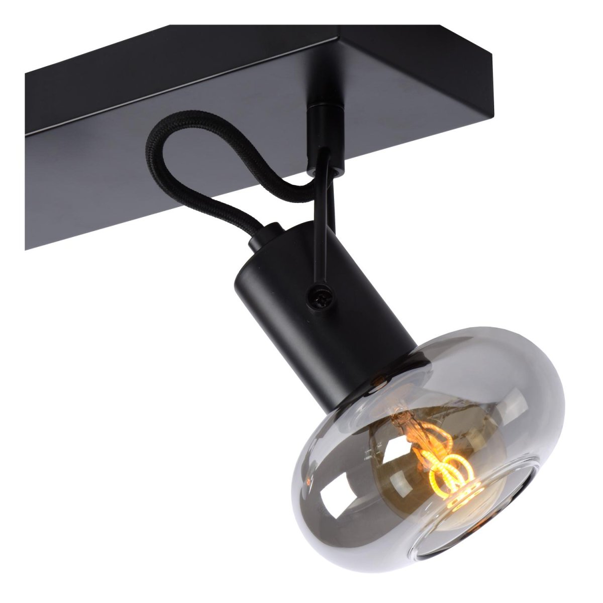 Madee 2 Svart spotlight Fra Lucide - Två materialer møtes i denne taklampen, kalt Madee: en robust metallbase er kombinert med en elegant glassskjerm.