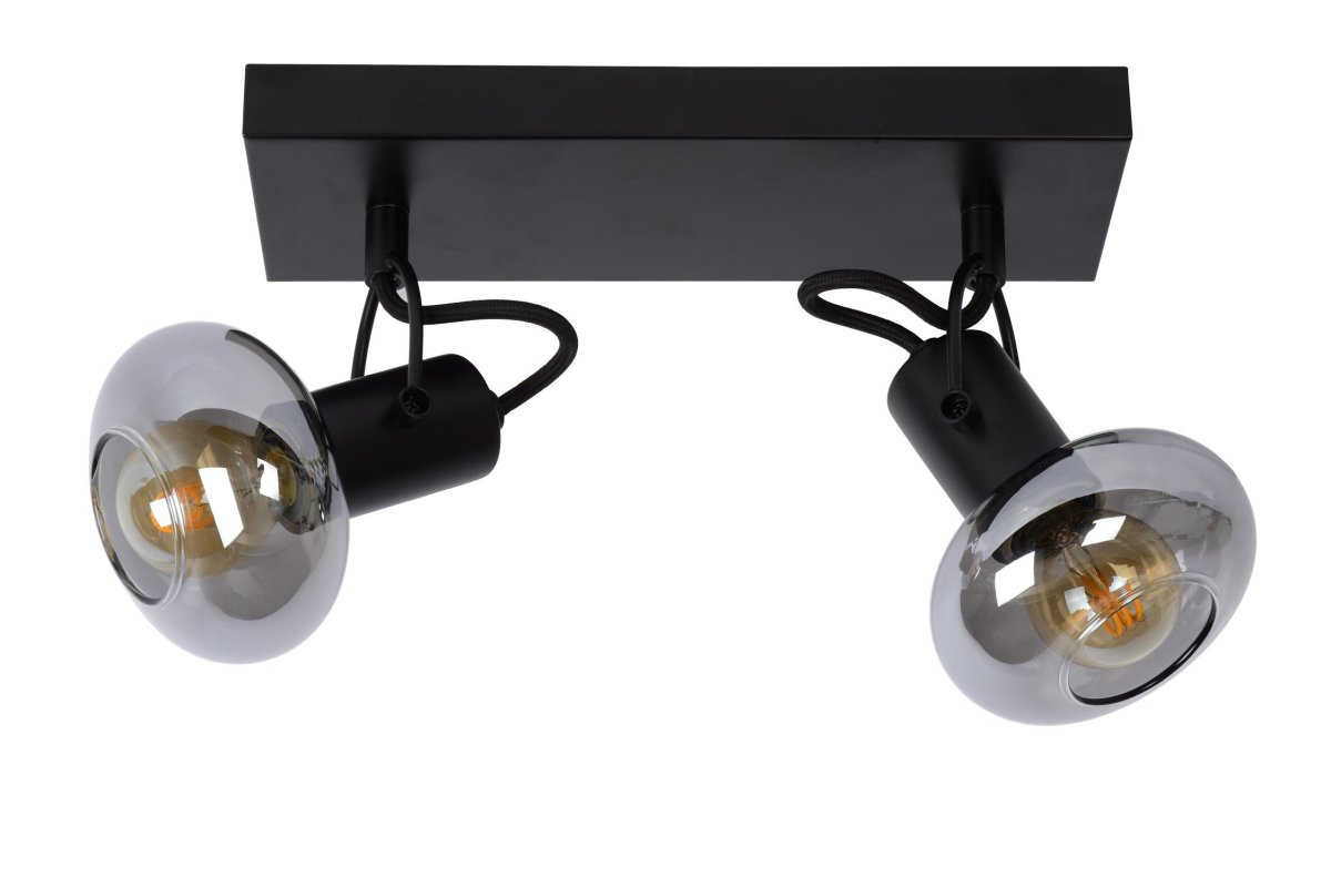 Madee 2 Svart spotlight Fra Lucide - Två materialer møtes i denne taklampen, kalt Madee: en robust metallbase er kombinert med en elegant glassskjerm.