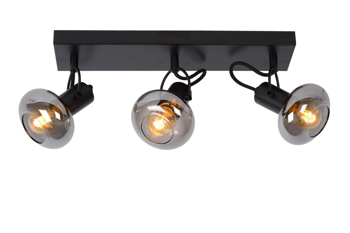 Madee 3 Svart spotlight Fra Lucide - Tv&aring; materialer møtes i denne taklampen, kalt Madee: en robust metallbase er kombinert med en elegant glassskjerm.