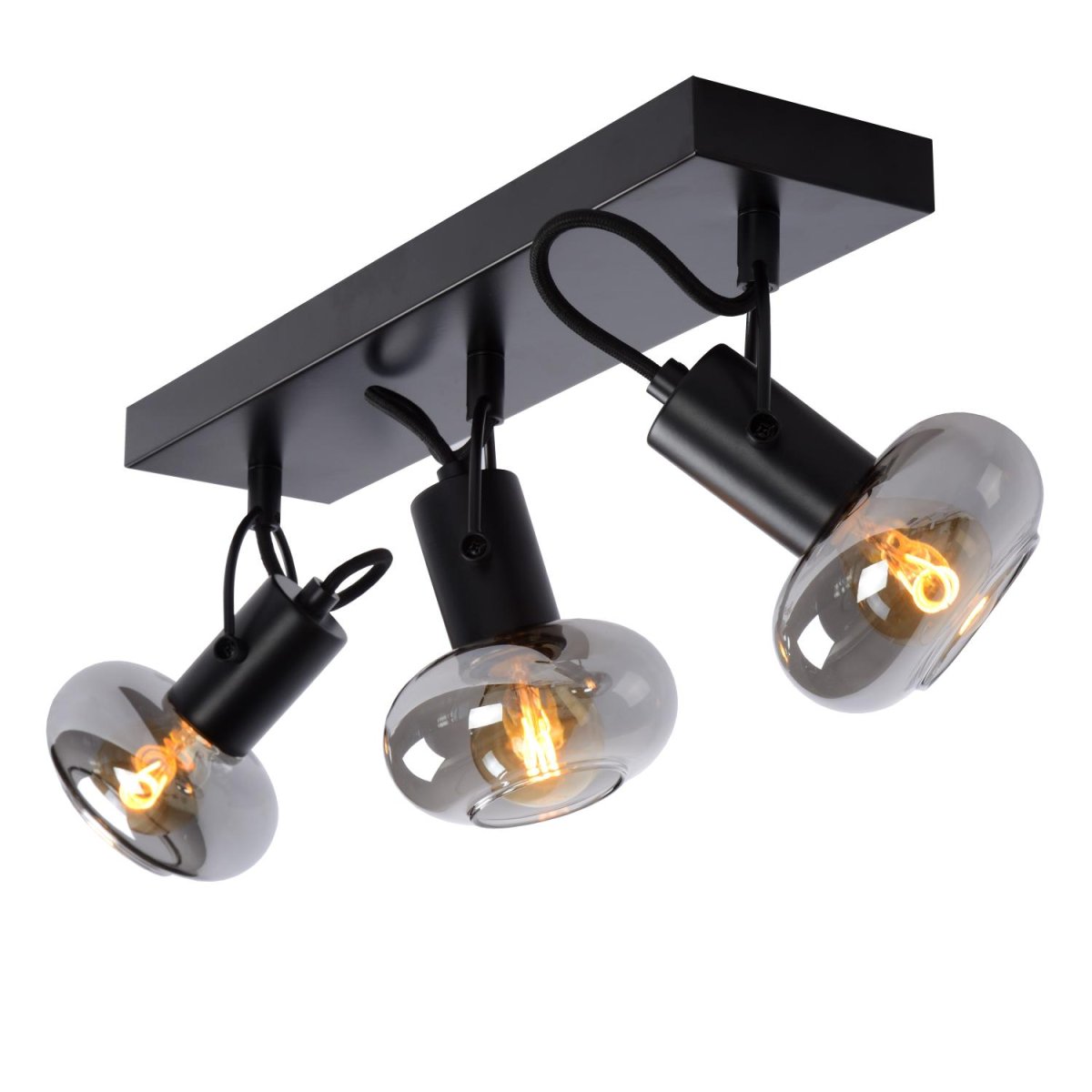 Madee 3 Svart spotlight Fra Lucide - Tv&aring; materialer møtes i denne taklampen, kalt Madee: en robust metallbase er kombinert med en elegant glassskjerm.