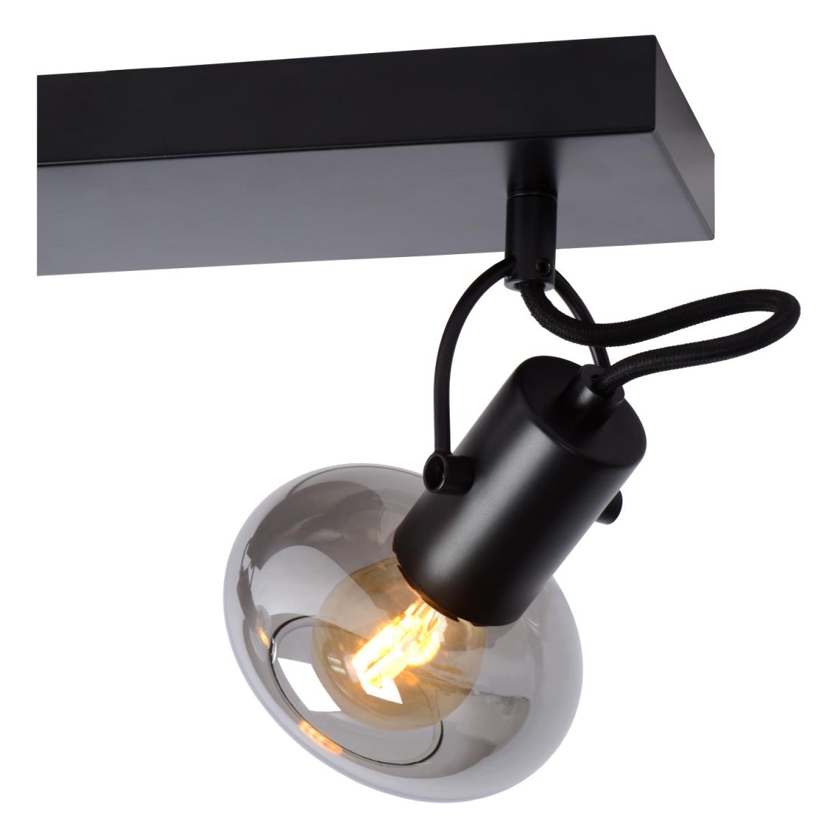 Madee 3 Svart spotlight Fra Lucide - Tv&aring; materialer møtes i denne taklampen, kalt Madee: en robust metallbase er kombinert med en elegant glassskjerm.