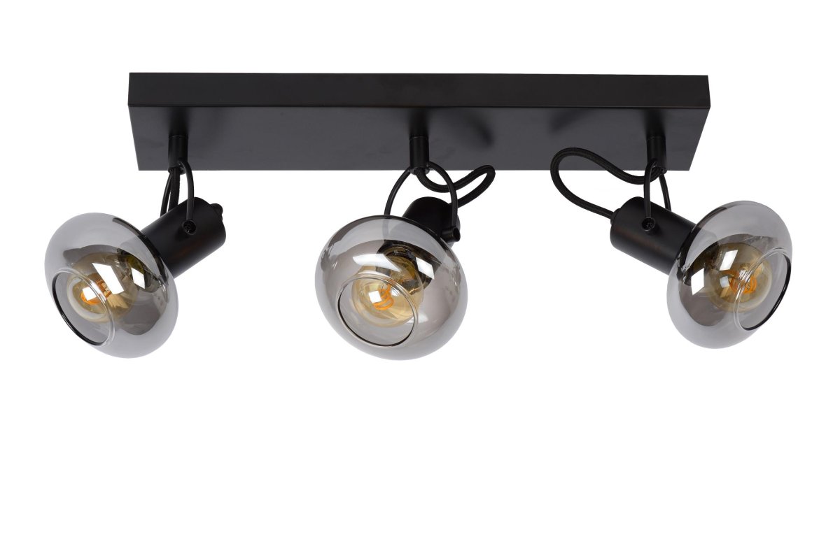 Madee 3 Svart spotlight Fra Lucide - Tv&aring; materialer møtes i denne taklampen, kalt Madee: en robust metallbase er kombinert med en elegant glassskjerm.