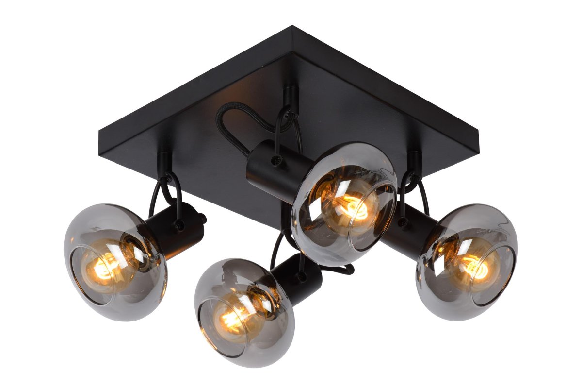 Madee 4 Svart spotlight Fra Lucide - Två materialer møtes i denne taklampen, kalt Madee: en robust metallbase er kombinert med en elegant glassskjerm.