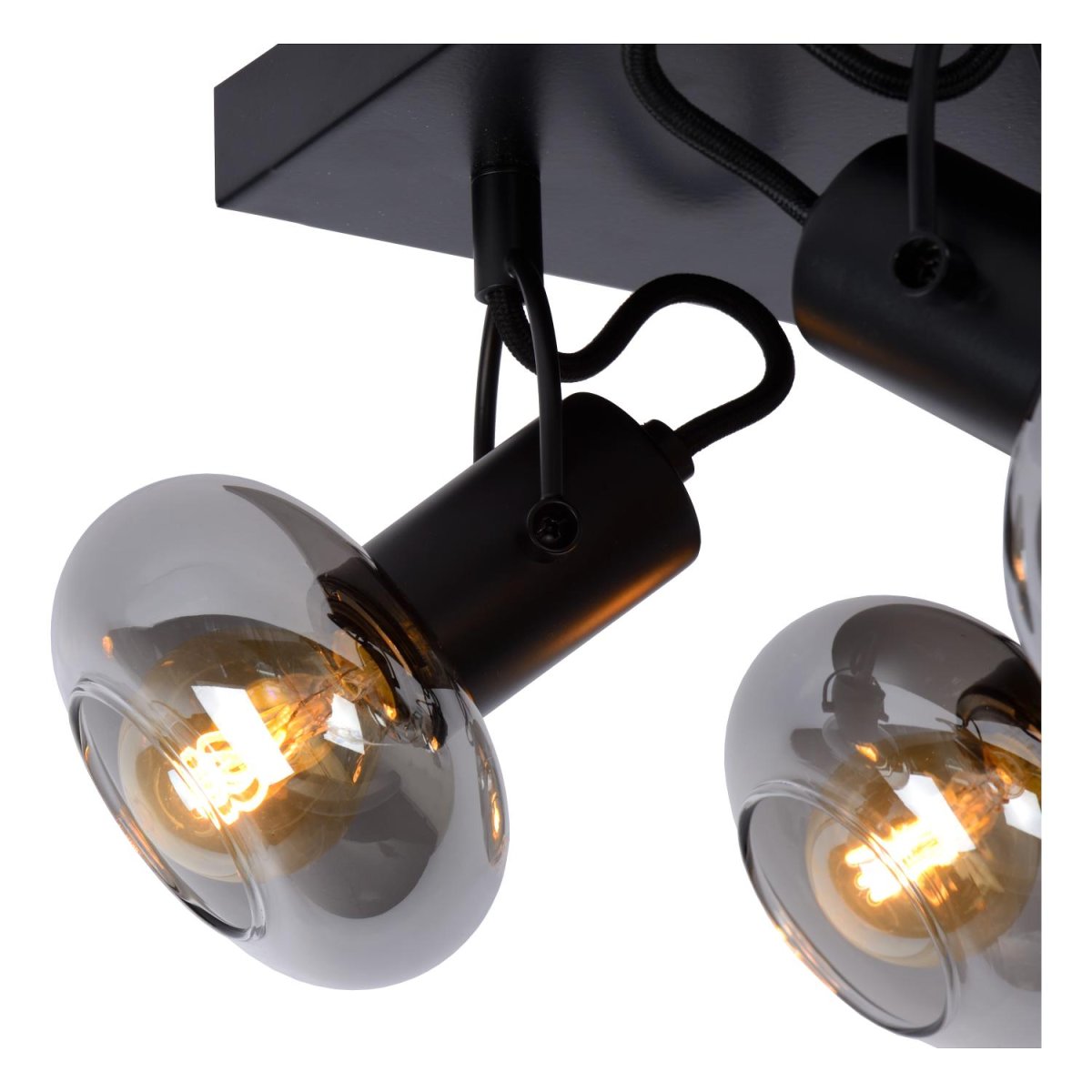 Madee 4 Svart spotlight Fra Lucide - Två materialer møtes i denne taklampen, kalt Madee: en robust metallbase er kombinert med en elegant glassskjerm.