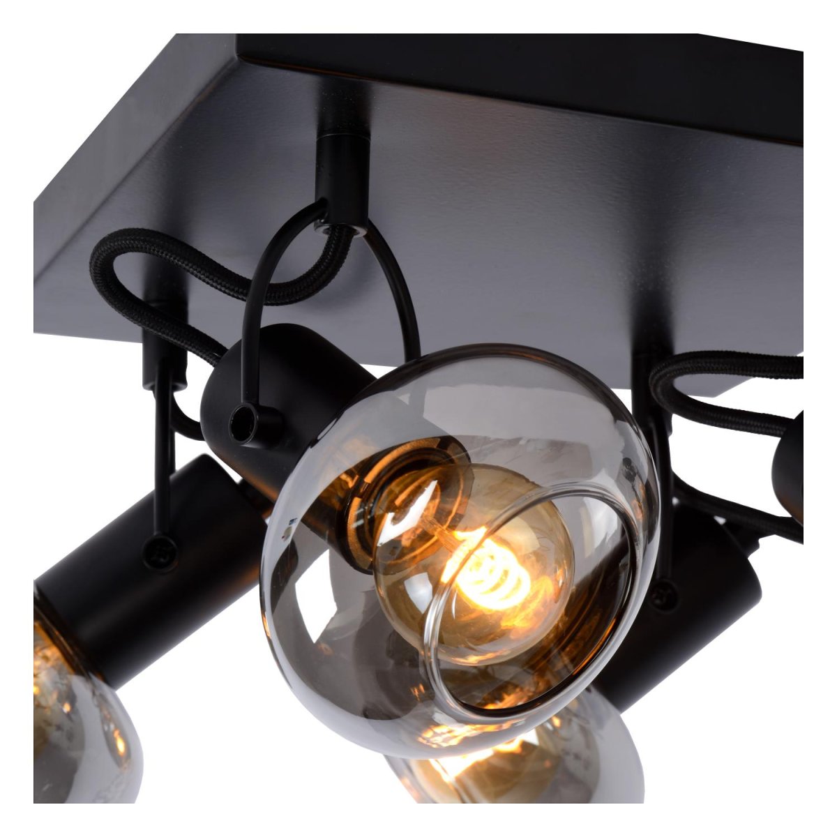 Madee 4 Svart spotlight Fra Lucide - Två materialer møtes i denne taklampen, kalt Madee: en robust metallbase er kombinert med en elegant glassskjerm.