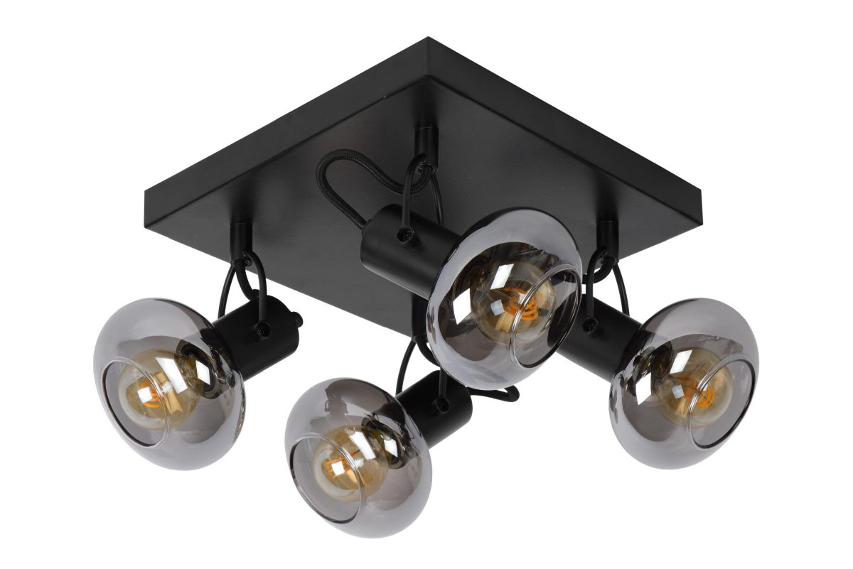 Madee 4 Svart spotlight Fra Lucide - Två materialer møtes i denne taklampen, kalt Madee: en robust metallbase er kombinert med en elegant glassskjerm.