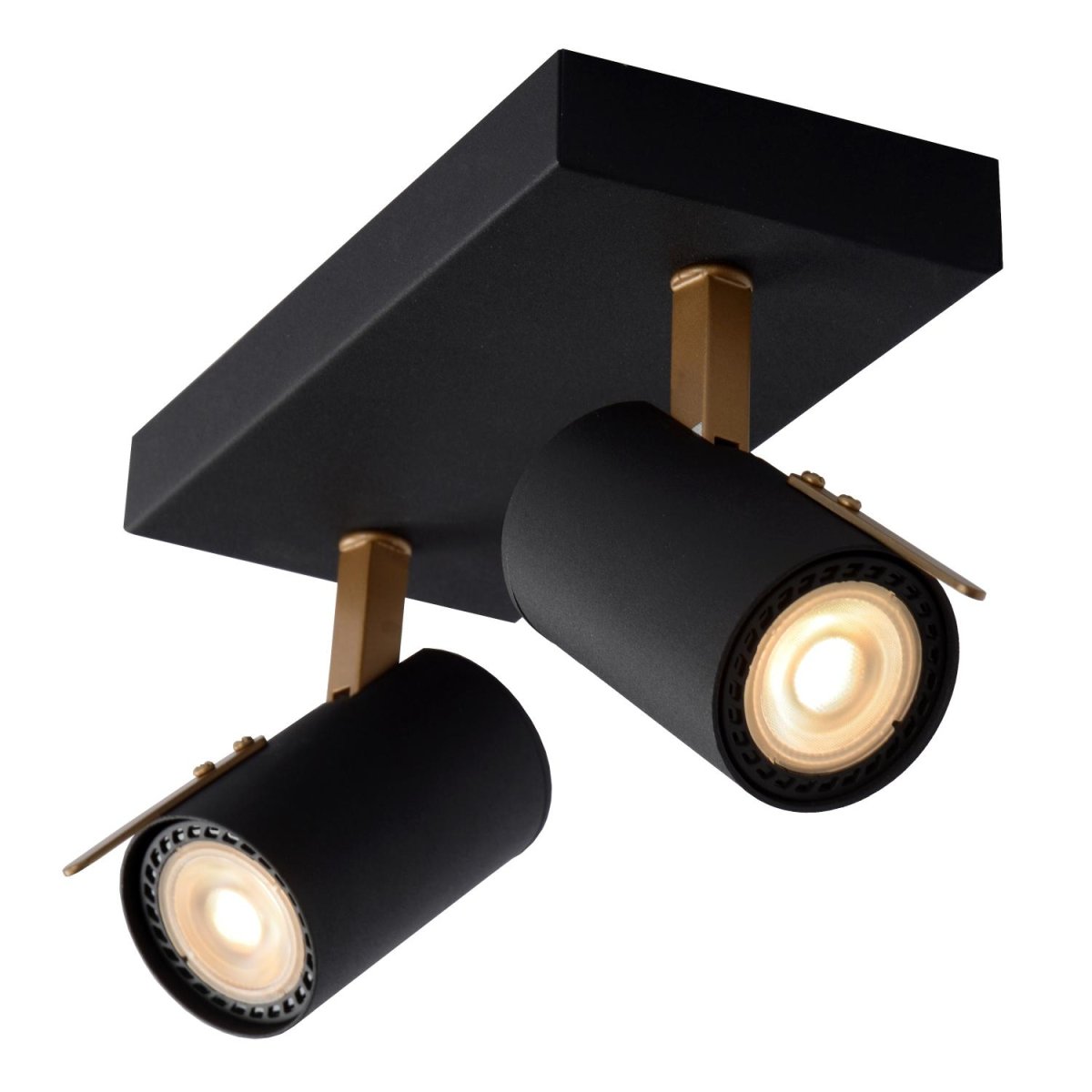 Grony 2 Svart spotlight Fra Lucide - Denne spotlighten kommer med tv&aring; lyspærer som er utstyrt med "dim-til-varm" teknologi, som gjør at du kan regulere lysstyrken fra 2200 til 3000K når den er koblet til en dimmer.