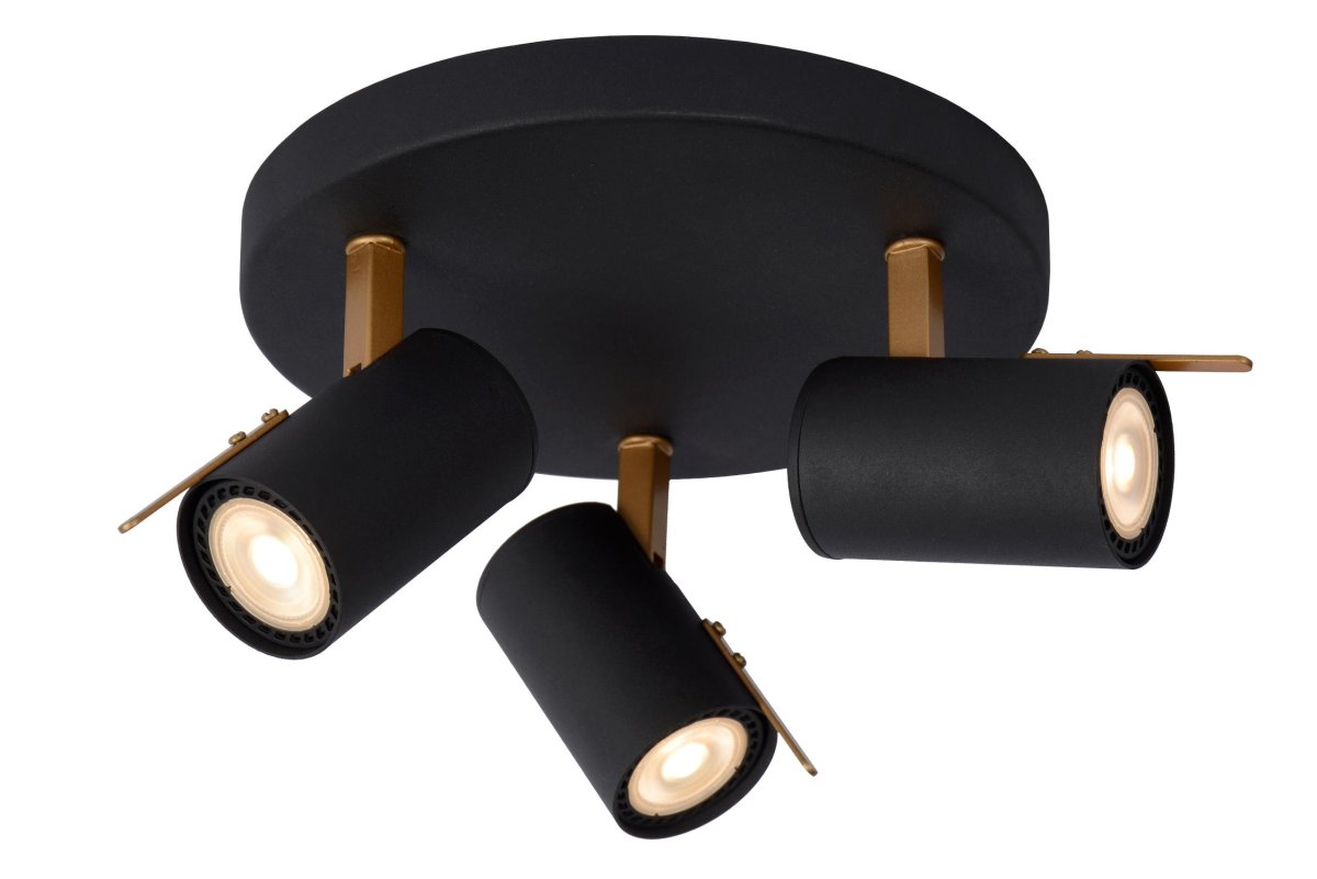 Grony 3 Svart spotlight Fra Lucide - Denne spotlighten kommer med tre lyskilder utstyrt med "dim-til-varm"; teknologi, som lar deg regulere lysstyrken fra 2200 til 3000K når den er koblet til en dimmer.