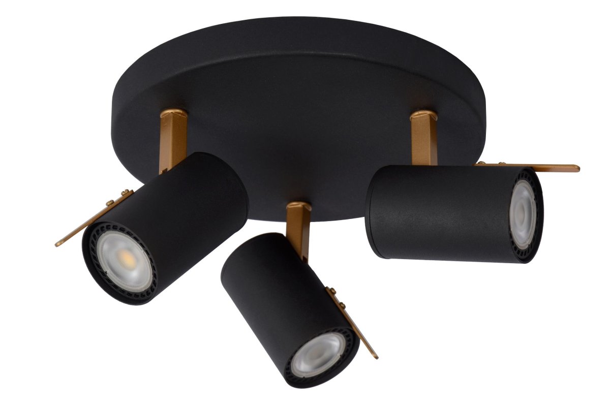 Grony 3 Svart spotlight Fra Lucide - Denne spotlighten kommer med tre lyskilder utstyrt med "dim-til-varm"; teknologi, som lar deg regulere lysstyrken fra 2200 til 3000K når den er koblet til en dimmer.