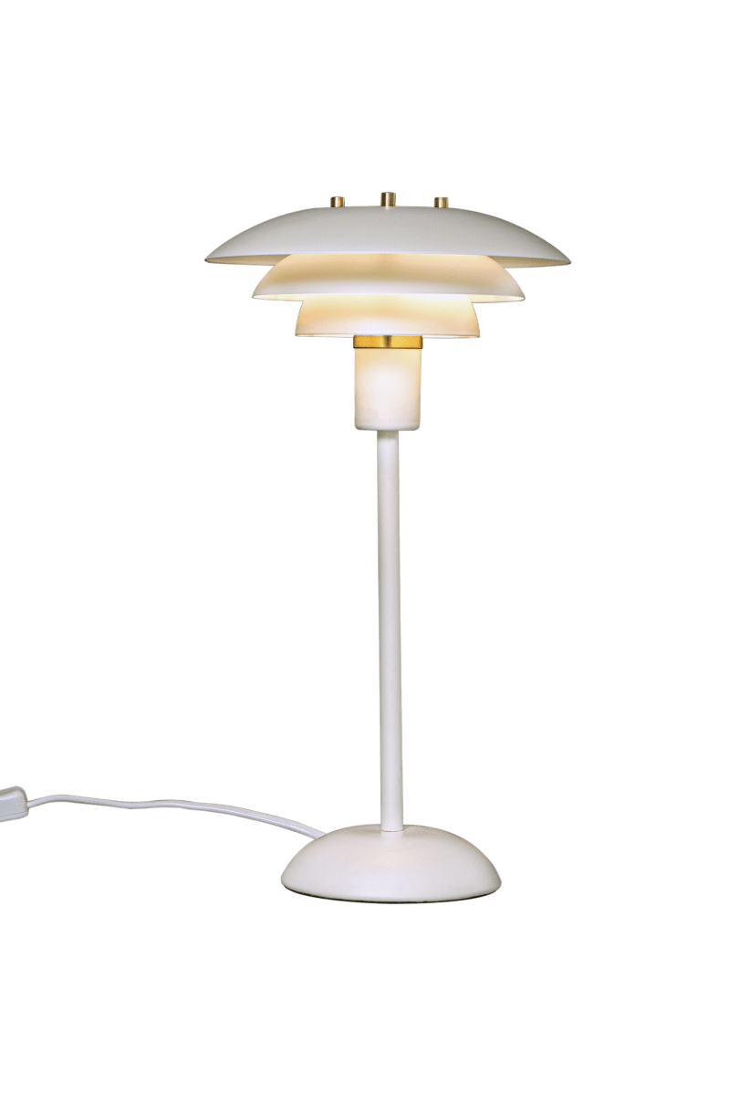 Epsilon 37cm Hvit bordlampe Fra Aneta Lighting - Detaljer i krom og matt messing medfølger, søm; du kan selv velge hvilken som passer best i ditt hjem.