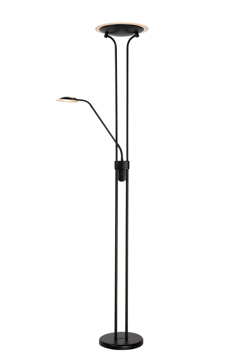 Champion-Led Svart gulvlampe Fra Lucide - Med tv&aring; lyspærer, en plassert halvveis og en øverst, du får et dobbelt utseende; veldig atmosfærisk lys.