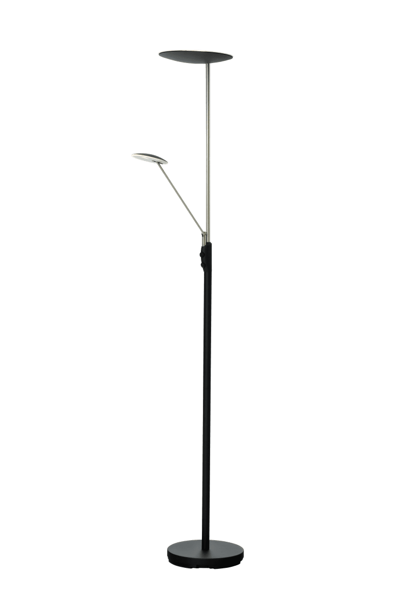 Cadiz Sort/stål gulvlampe Fra Aneta Lighting - Lyset slås av og på med to dimmere på lampen, en som regulerer lyset på toppen og en for lesearmen som også kan justeres.