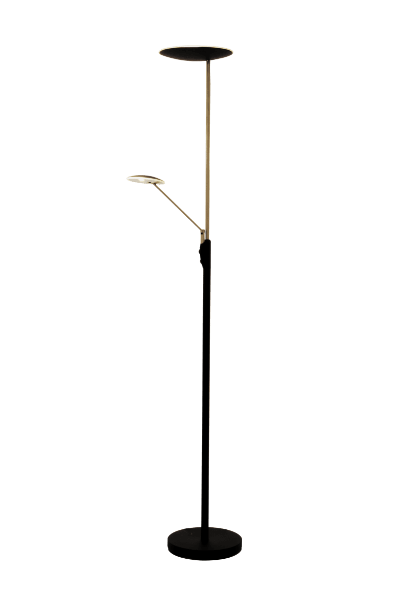 Cadiz Sort/messing gulvlampe Fra Aneta Lighting - Lyset slås av og på med to dimmere på lampen, en som regulerer lyset på toppen og en for lesearmen som også kan justeres.