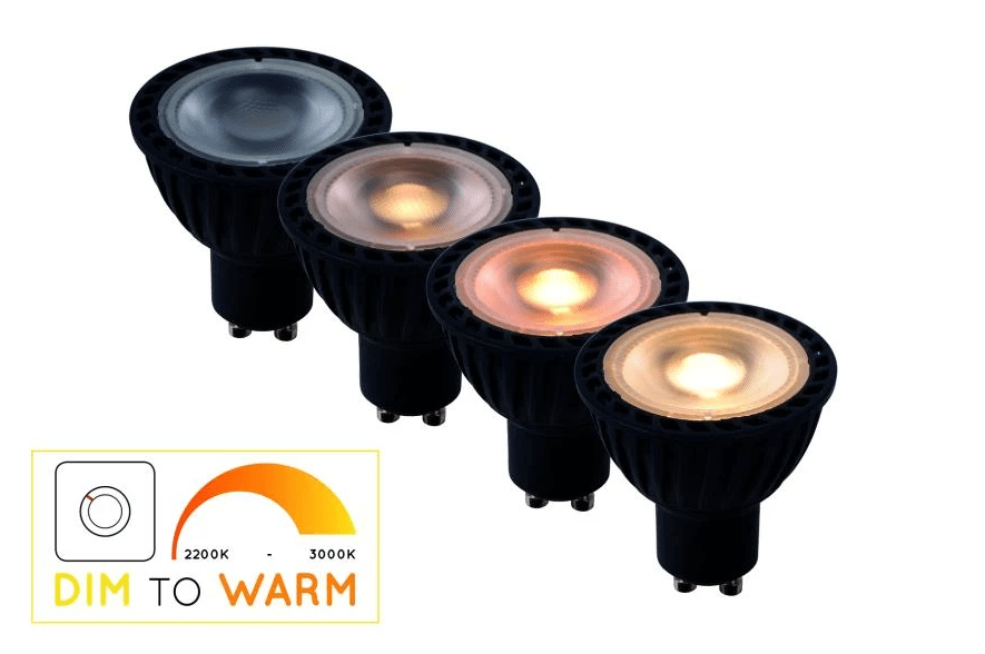 LED GU10 5W Dim to warm Fra Lucide - Med en kompatibel dimmer kan du justere nøyaktig hvilken fargetemperatur lyskilden skal ha, fra 2200K til 3000K.