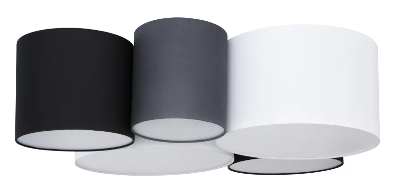 Makki 90cm Flerfarget plafond Fra Globo Lighting - Lampan har en unik design med fem cylindriska textilsk&auml;rmar i olika storlekar, varav tv&aring; &auml;r vita, tv&aring; svarta och en gr&aring;.