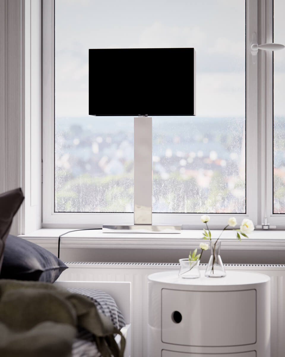 Prime 70cm Krom bordlampe Fra By Rydéns - Utforsk mulighetene med Prime-bordlampen i metall og stoffskjerm, og la den elegante designen og varme belysningen fremheve det store vinduet og skape en innbydende atmosf&aelig;re i hjemmet ditt.