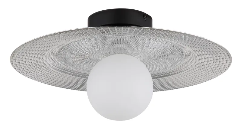 Riga Ø33 Sølv plafond Fra Globo Lighting - Lampan &auml;r tillverkad av mattsvart metall och den platta sk&auml;rmen i plast med nyanser av svart, silver och opal ger den en modern och sofistikerad design.