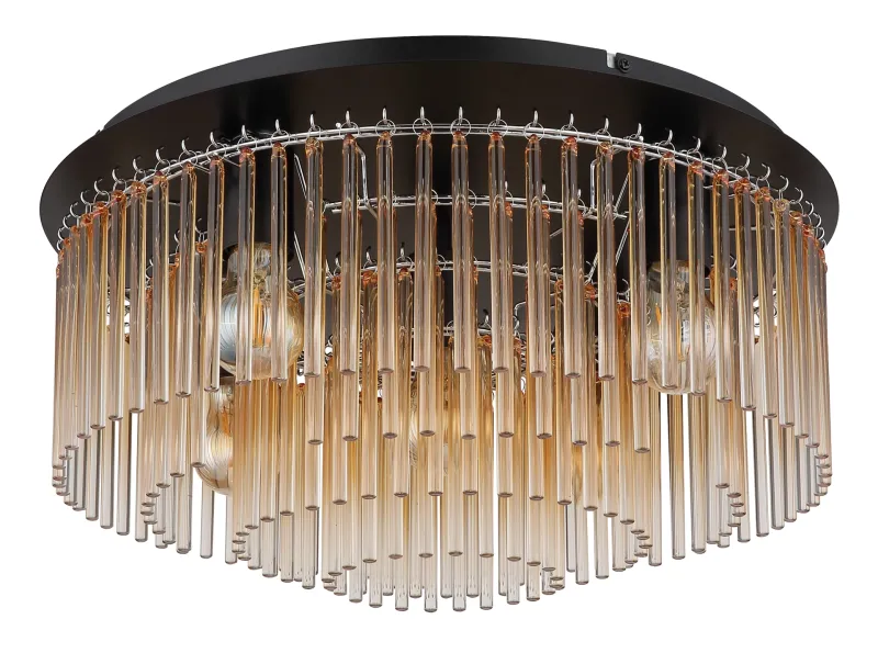 Gorley Ø50 Rav plafond Fra Globo Lighting - Dess design imponerar med en stilfull kombination av mattsvart metall och dekorativa stavar i klart och amberf&auml;rgat glas.